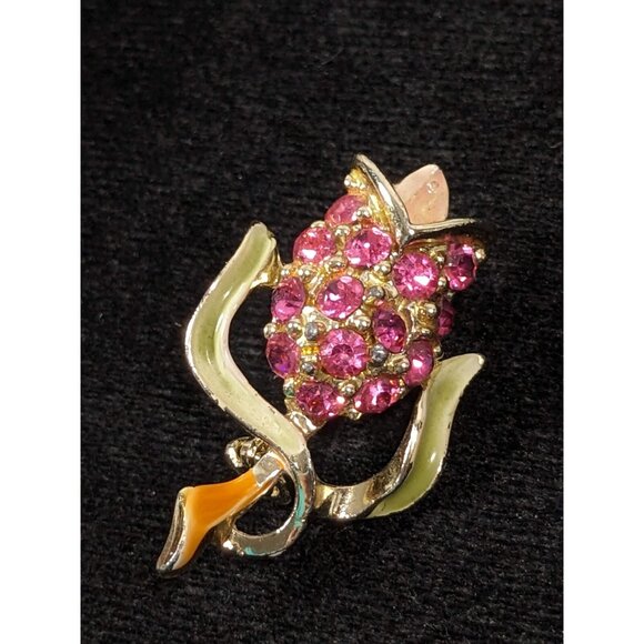 Vintage Pink Rhinestone Pave Tulip Flower Gold Tone Pin Brooch - Picture 3 of 6